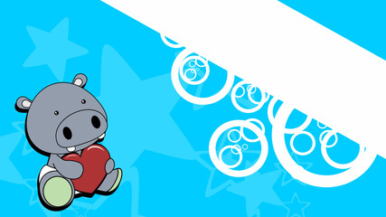 sitting chibi baby hippo character cartoon holding love red heart, background illustration in vector format
