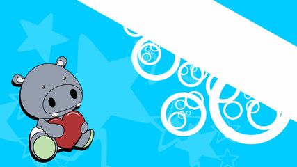 Naklejka premium sitting chibi baby hippo character cartoon holding love red heart, background illustration in vector format