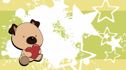 sitting chibi baby pug dog character cartoon holding love red heart, background illustration in vector format