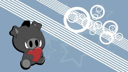 sitting chibi baby boar character cartoon holding love red heart, background illustration in vector format