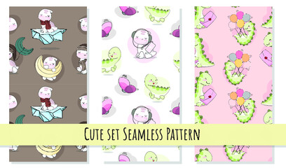 Flat cute baby dinosaurs seamless pattern set