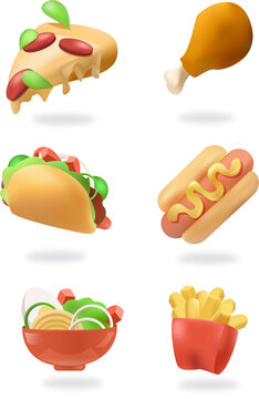 Fast food 3d realistic render vector icon set. Pizza, taco, fries potatoes, ramen noodle soup, hot dog, chicken leg