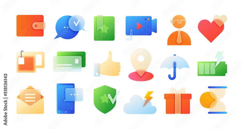 Poster Glass gradient icons. App morphism effect for website design, transparency blur elements. Colorful interface collection. Weather and chatting application objects. Vector isolated illustration