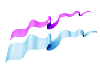 Curvy ribbons in different colors. Two wavy ribbons. Glossy tapering elements. Purple and turquoise decorative ribbons. Tapes isolated on white background. Tapes elements for design. 3d image.