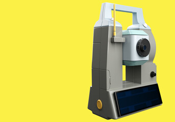 Geodetic instrument. Surveyor equipment. Visualization of theodolite. Surveyor tool. Optical geodetic equipment. Device for topographic works. Minimalistic surveyor device on yellow. 3d rendering.