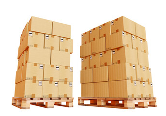 Courier business. Shipping boxes are stacked on pallets. Courier boxes isolated on white. Pallets are loaded with cartons. Two pallets with parcels. Cardboard box with symbols of fragility. 3d image.