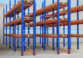 Fototapeta na wymiar Warehouse furniture. Empty blue warehouse racks. Logistics center without anyone. Concept shortage goods in warehouse. Empty logistics center. Pallet rack systems. Delivery problem metaphor. 3d image