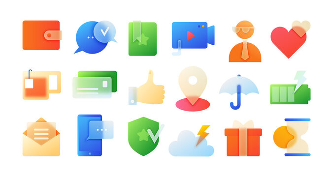 Glass gradient icons. App morphism effect for website design, transparency blur elements. Colorful interface collection. Weather and chatting application objects. Vector isolated illustration