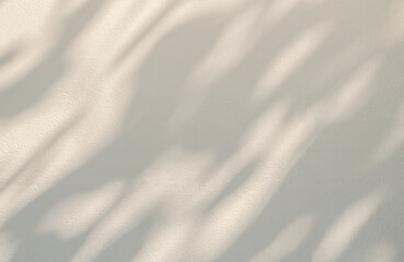 Light and shadow of leaf abstract grey background. Natural shadows and sunshine diagonal refraction on white concrete wall texture. Shadow overlay effect