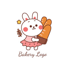 cute rabbit holding a bread for logo of bakery.