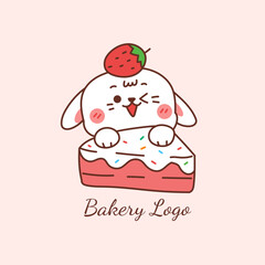 cute rabbit holding a cake for logo of bakery.