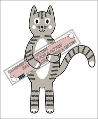 The cat bought a sausage for the kitten in the store. A gray tabby cat holds a sausage in a package with a barcode.