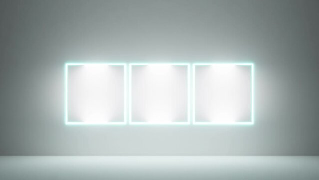 neon frames, mockup posters in an empty room, white walls, blue light,zoom in