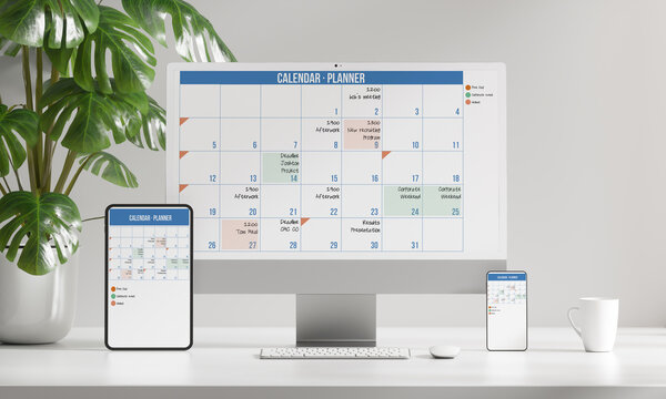 White desktop with calendar screen devices