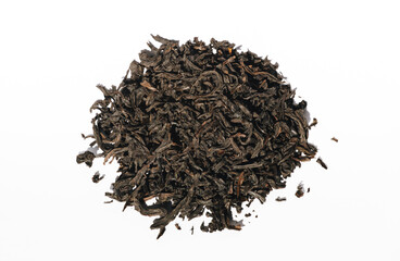 Dry green oolong tea isolated on white background. Milk oolong. Varieties of tea. Herbal, black, green, pu-erh, earthy tea, milk oolong, all on a white background. Dried leaves of the tea plant.