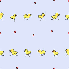 Hand drawn cute chick characters - seamless pattern with birds on light blue