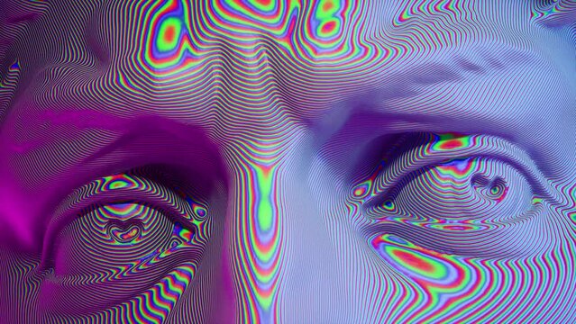 Eyes close-up, antique statue head of david close up with the effect of an old kinescope screen on the surface,rgb glitch effect animated