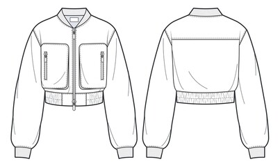 Unisex Zip-up Bomber Jacket fashion flat technical drawing template. Oversize sports Jacket, Sweatshirt fashion CAD mockup, front, back view, white, patch pockets.