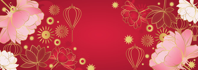 Vector banner on an Asian theme. Line art style. Chinese symbols.