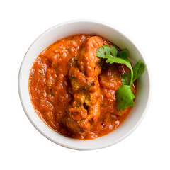 chicken tikka masala Indian food with spices, boiled rice and mint sauce isolated on white background top view