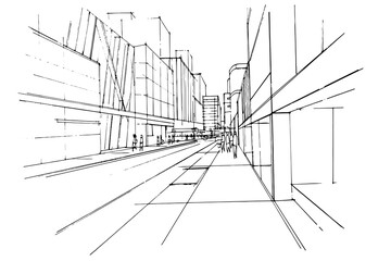 Line drawing of a large city in a pedestrian perspective,modern design,vector,2d illustration