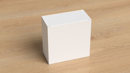 Square box mock up. White gift box on wooden background. Side view.