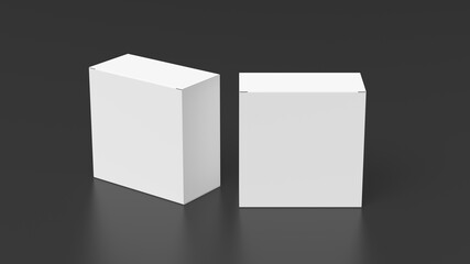 Two square boxes mock up. White gift boxes on black background. Front view.