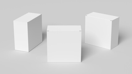 Three square boxes mock up. White gift boxes on white background. Front view.