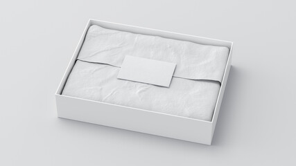 Gift box mock up. White gift box with blank label or business card on wrapping paper. White background. Side view.