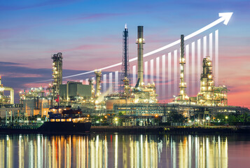 Obraz na płótnie Canvas Oil gas refinery plant or petrochemical plant. Include arrow, graph or bar chart. Increase trend or growth of production, market price, demand, supply. Concept of business, industry, fuel, energy. 
