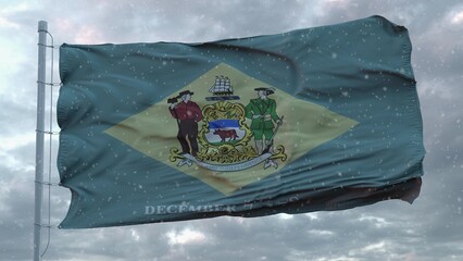 Delaware winter flag with snowflakes background. United States of America. 3d illustration
