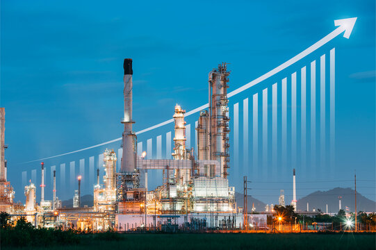 Oil gas refinery plant or petrochemical plant. Include arrow, graph or bar chart. Increase trend or growth of production, market price, demand, supply. Concept of business, industry, fuel, energy.