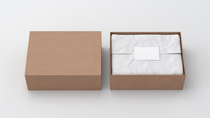 Gift box mock up with cover. Cardboard gift box with blank label or business card on wrapping paper. White background. Front view.