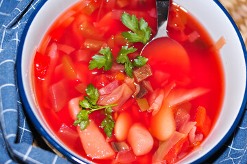 a plate of Ukrainian red national dish borsch soup ,added to unesco list