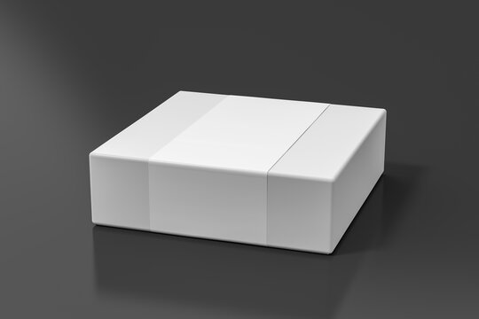 Square box mock up with blank paper cover label: White gift box on black background. Side view.