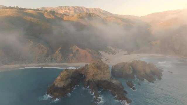 Aerial sunset view of Pfeiffer beach in Big Sur, California