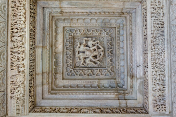 Ornate interior of the Adinatha temple,  a Jain temple in Ranakpur, Rajasthan, India, Asia