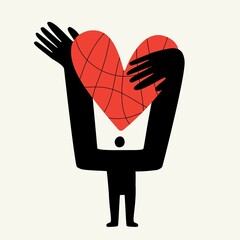 Vector illustration with man silhouette holding big red heart with doodle lines. Trendy print design, greeting card and sticker template - 518141774