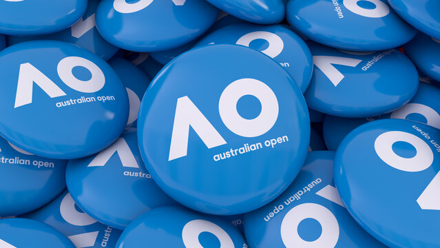 3d Rendering Of A Lot Of Badges With Te Logo Of The Australian Open Grand Slam Tennis Tournament