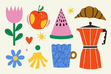 Vector illustration set with coffee geyser and mug, fruits, flower and croissant. Colored summer picnic poster, cafe menu design elements - 518141956