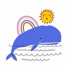 Vector illustration with smiling whale, sun and colored rainbow. Cute childish print design with animal, good weather concept art - 518141973