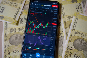 Bitcoin chart on smartphone screen and indian twenty rupee note background