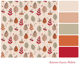 Autumn Leaves seamless background in warm tones, in a colour palette with complimentary colour swatches