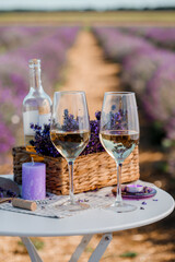 Two Glasses of white wine and bottle in a lavender field in Provance. Violet flowers on the background