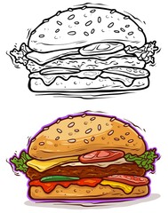 Cartoon tasty big hamburger with cheese, tomato and sesame seeds isolated on white background. Vector sticker icon.