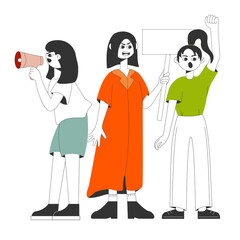 Women's protest activists woman holding signs. People with placards at protest rally demonstration. A woman with a megaphone.