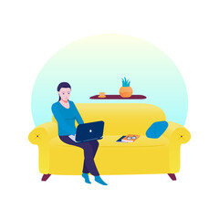 Girl with laptop sits on the couch. Freelance or studying concept. Homework, work at home. Cute illustration in flat style.