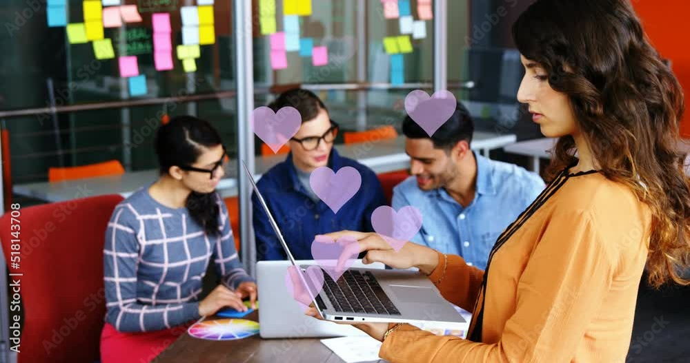 Canvas Prints Animation of hearts floating over diverse businesspeople in office