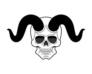 Skull with horns sign of Satan. Skeleton head of devil