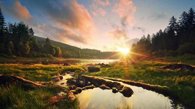 Gorgeous sunrise scenery at a lake, with colorful sky, Forests on hills and green grass on the wetlands

